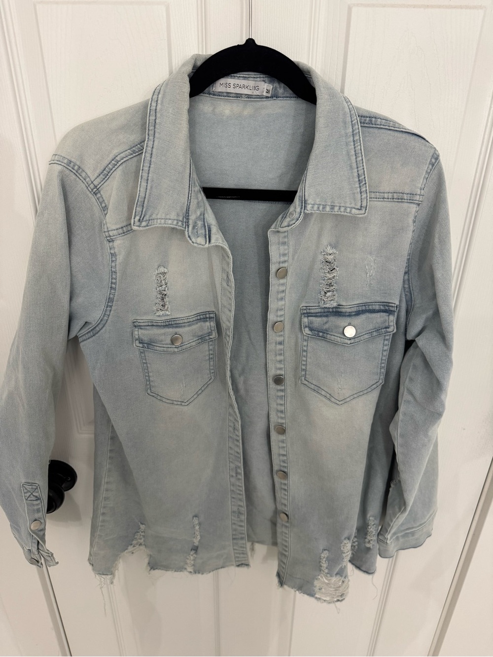 Light Wash Distressed Denim Shirt Jacket - Light Blue